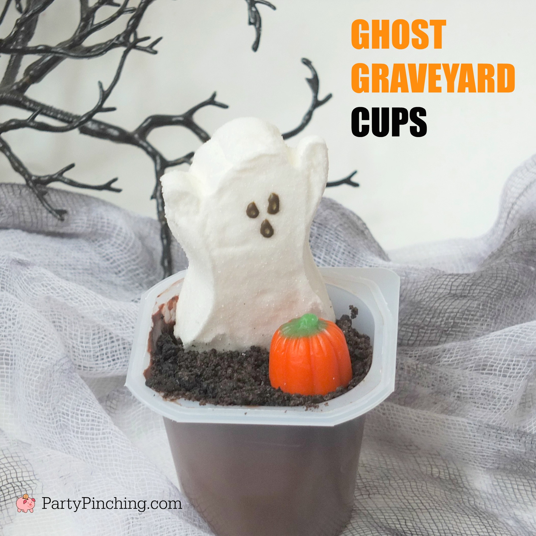 Halloween Pudding cups, easy to make Halloween treats for kids, dessert ideas for Halloween, cute food, fun food for kids, sweet treats, ghost PEEPS, cat PEEPS, tombstone cookies, witch's brew pudding, ghost pudding cups, graveyard pudding cups