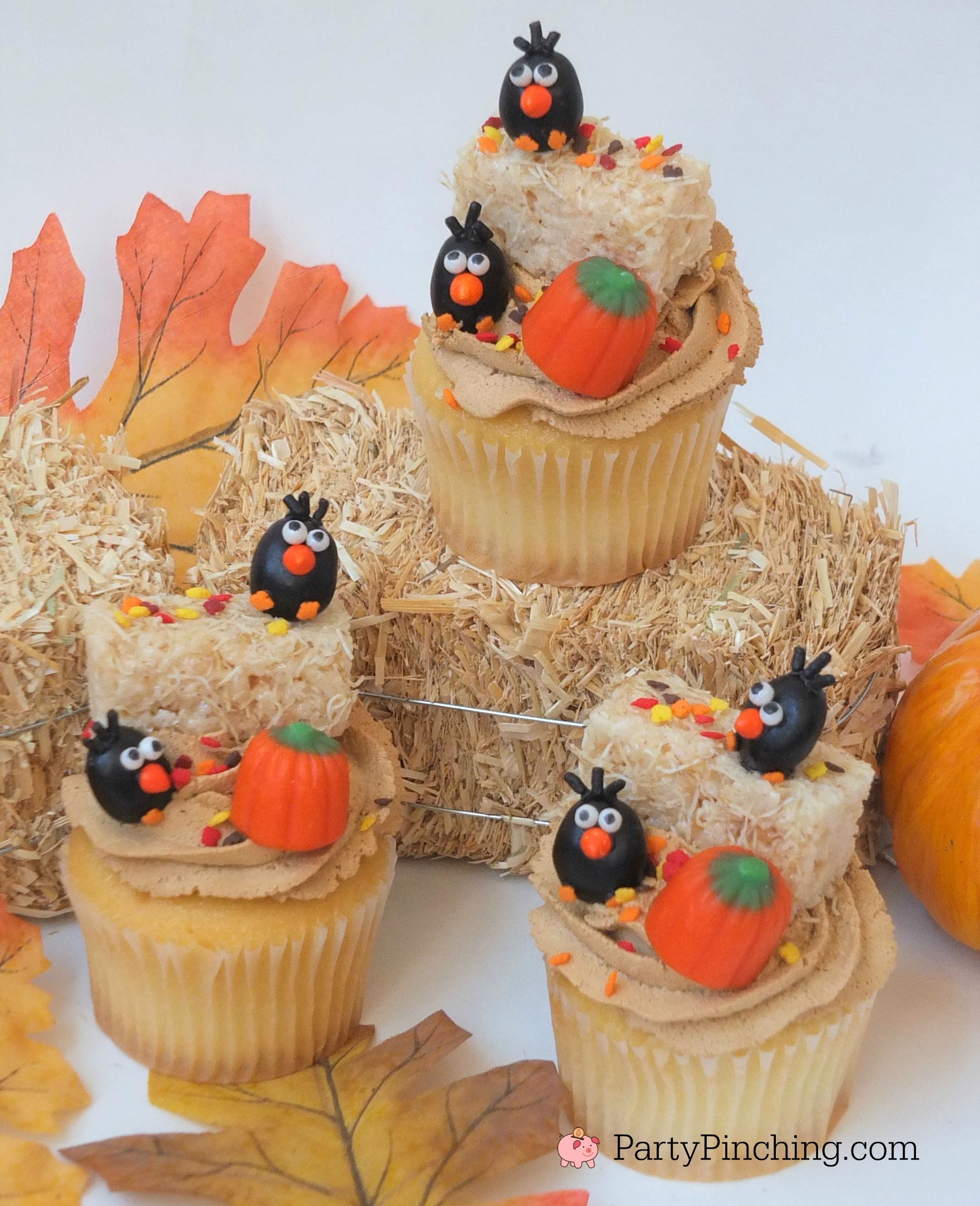 crow cupcakes, adorable autumn fall cupcakes, jelly bean crows, cute food, fun food for kids, hay bale cupcakes rice krispie haybales with leaf sprinkles, ask for whipped, caramel whipped icing frosting, harvest party ideas, thanksgiving cute dessert