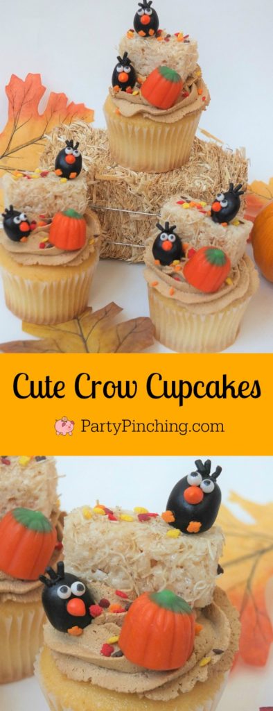 crow cupcakes, adorable autumn fall cupcakes, jelly bean crows, cute food, fun food for kids, hay bale cupcakes rice krispie haybales with leaf sprinkles, ask for whipped, caramel whipped icing frosting