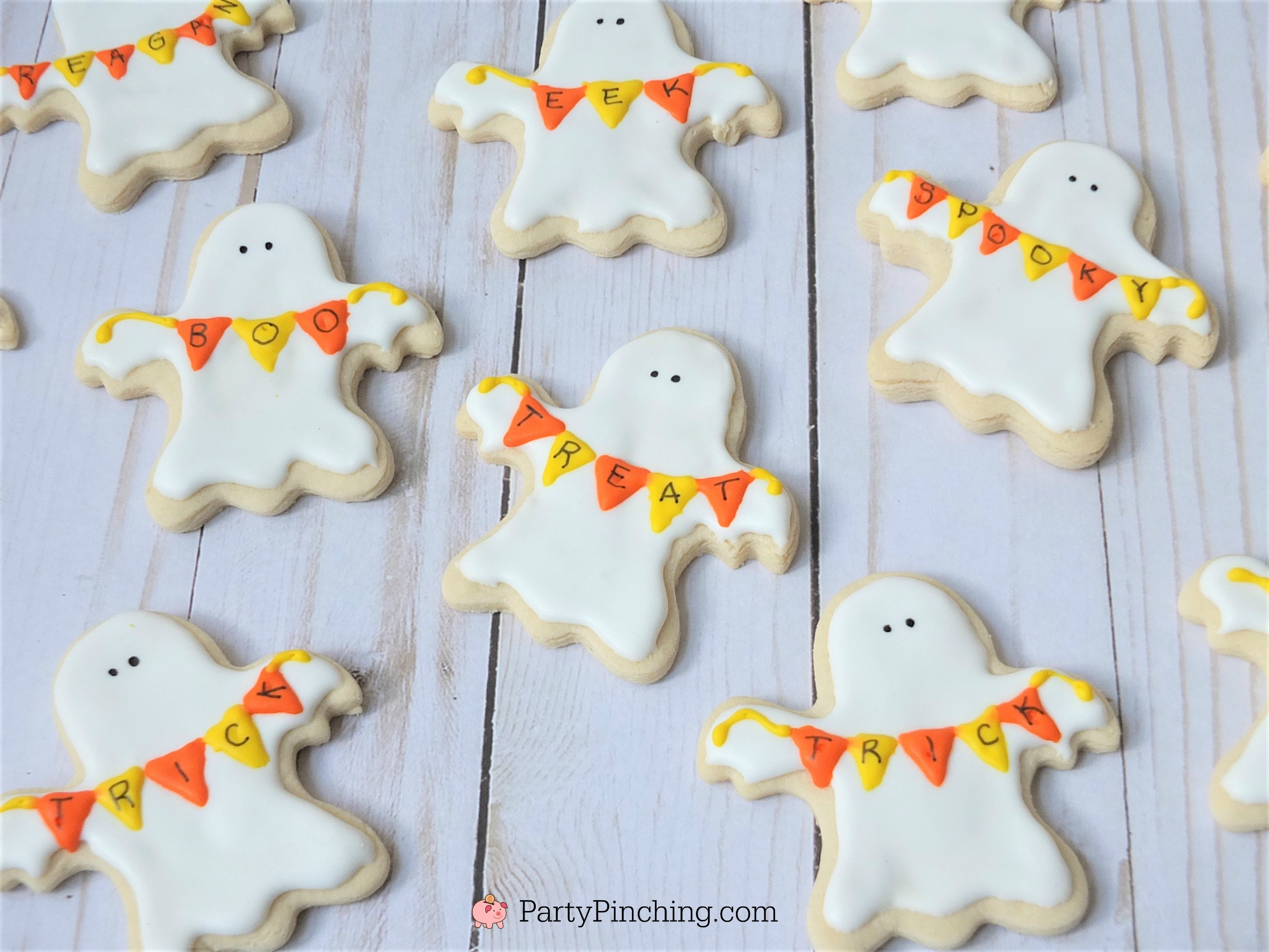 Ghost banner cookies, Halloween sugar cookies decorated royal icing, ghost banner cookies, cute Halloween cookies, black cat cookies, bat cookies, cute candy corn cookies, cute pumpkin jack o lantern cookies