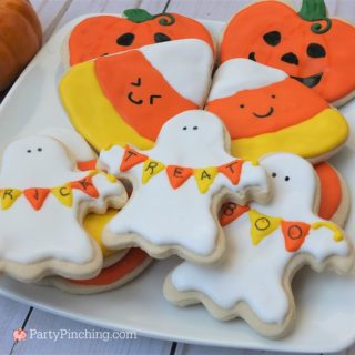 Halloween sugar cookies decorated royal icing, ghost banner cookies, cute Halloween cookies, black cat cookies, bat cookies, cute candy corn cookies, cute pumpkin jack o lantern cookies