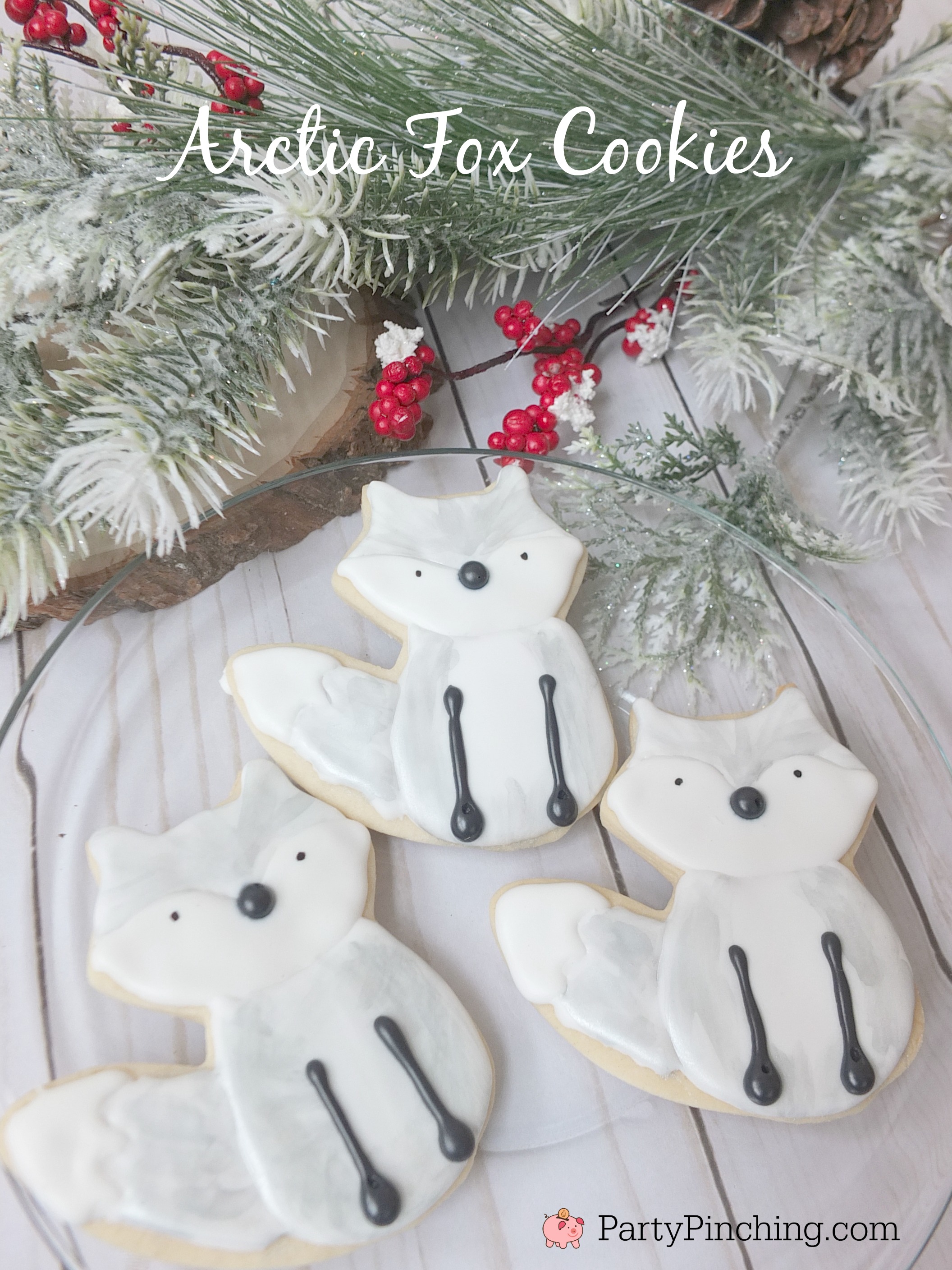 Arctic white fox Christmas Cookies, arctic fox cookies, white fox cookies, white winter woodland creature party ideas, cute food, fun food for kids, winter cookies, winter food ideas, snowy cookies, silver fox cookies