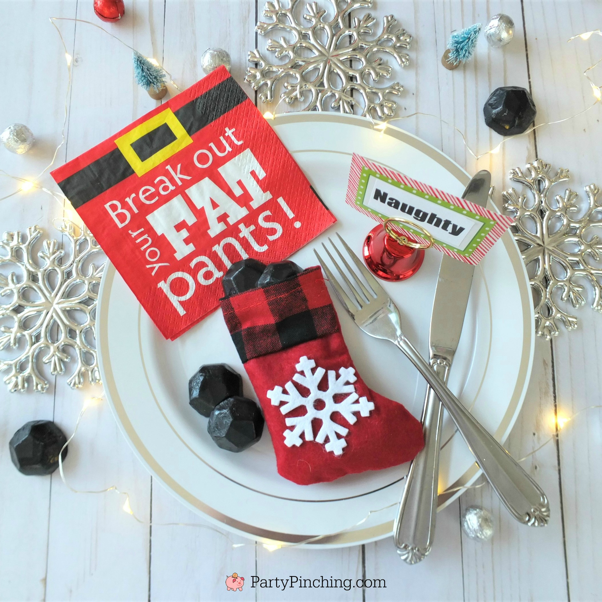 naughty and nice ideas for Christmas stockings, Christmas table setting ideas, cute Christmas dinner table ideas for the kids and family, lumps of coal candy, cute stocking stuffer ideas