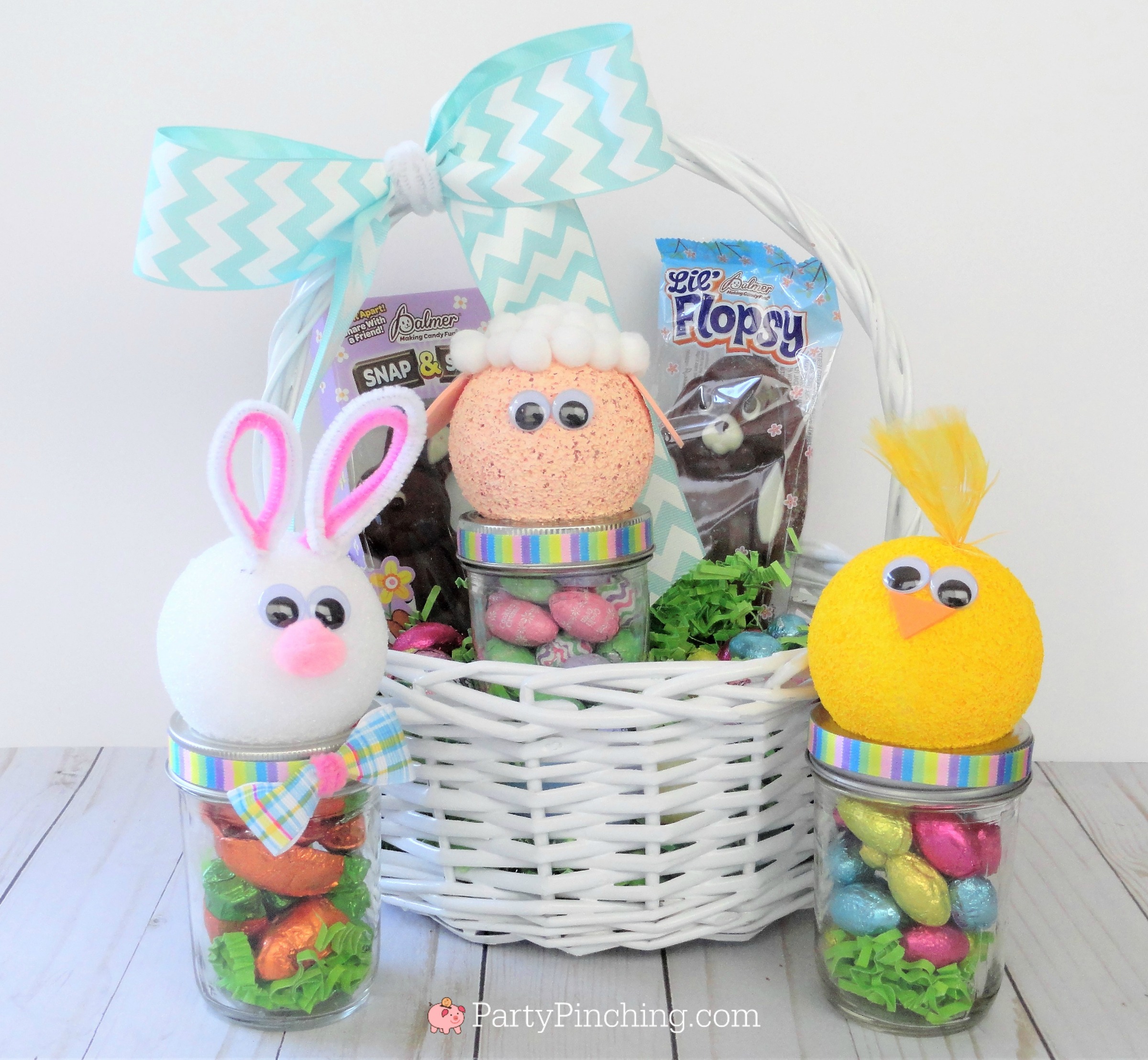 Cute Easter mason jar craft animals bunny chick lamb, fun and easy Easter craft for kids, Easter candy favor, RM Palmer candy