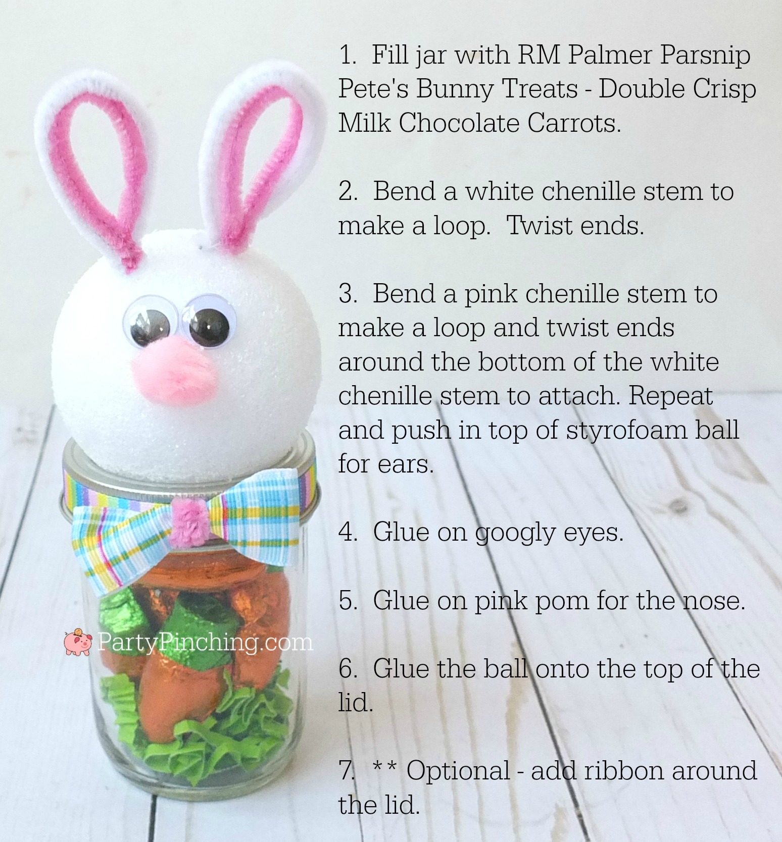 Easter Bunny candy mason jar craft, Cute Easter jar craft animals bunny chick lamb, fun and easy Easter craft for kids, Easter candy favor, RM Palmer candy