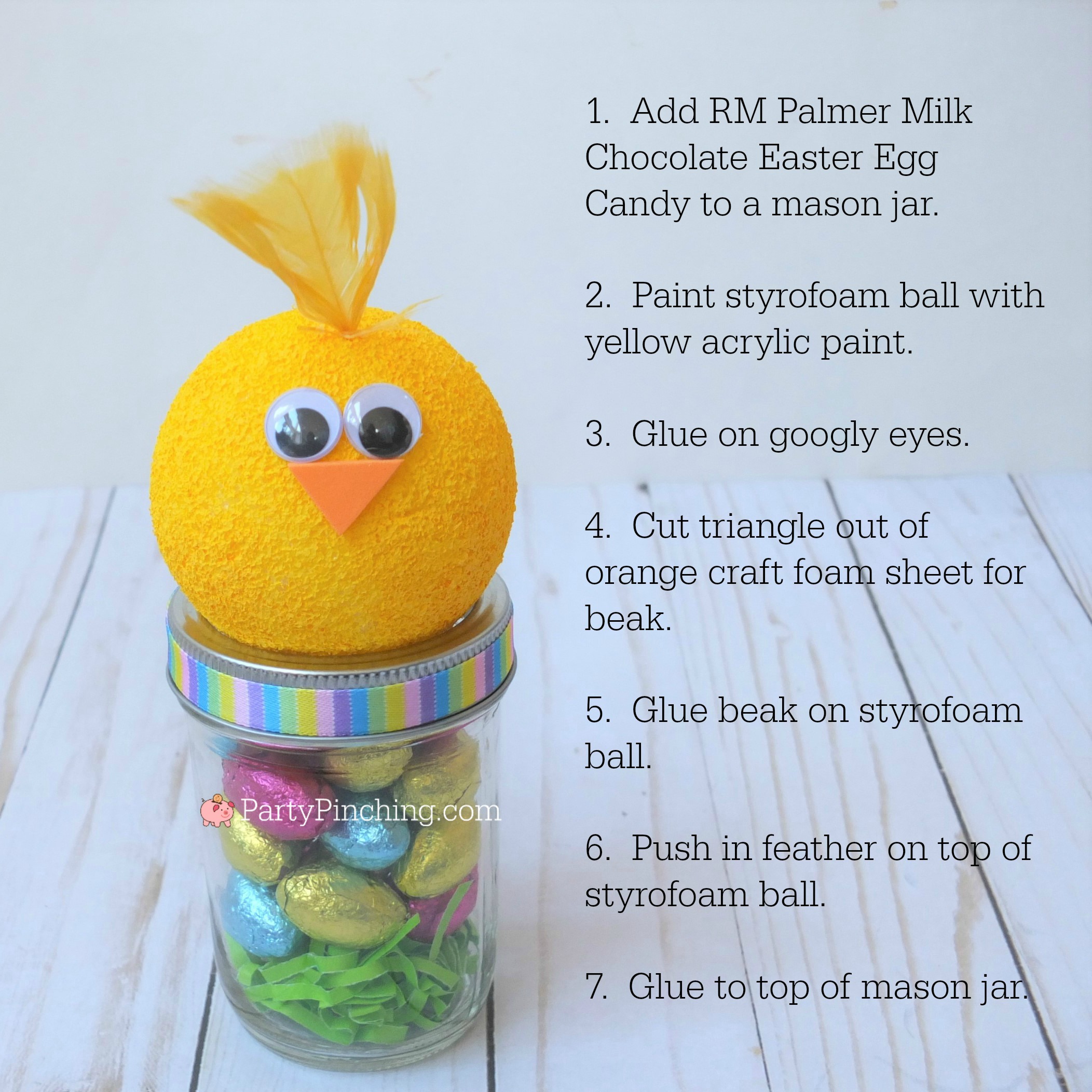Chick Easter candy mason jar craft, Cute Easter jar craft animals bunny chick lamb, fun and easy Easter craft for kids, Easter candy favor, RM Palmer candy