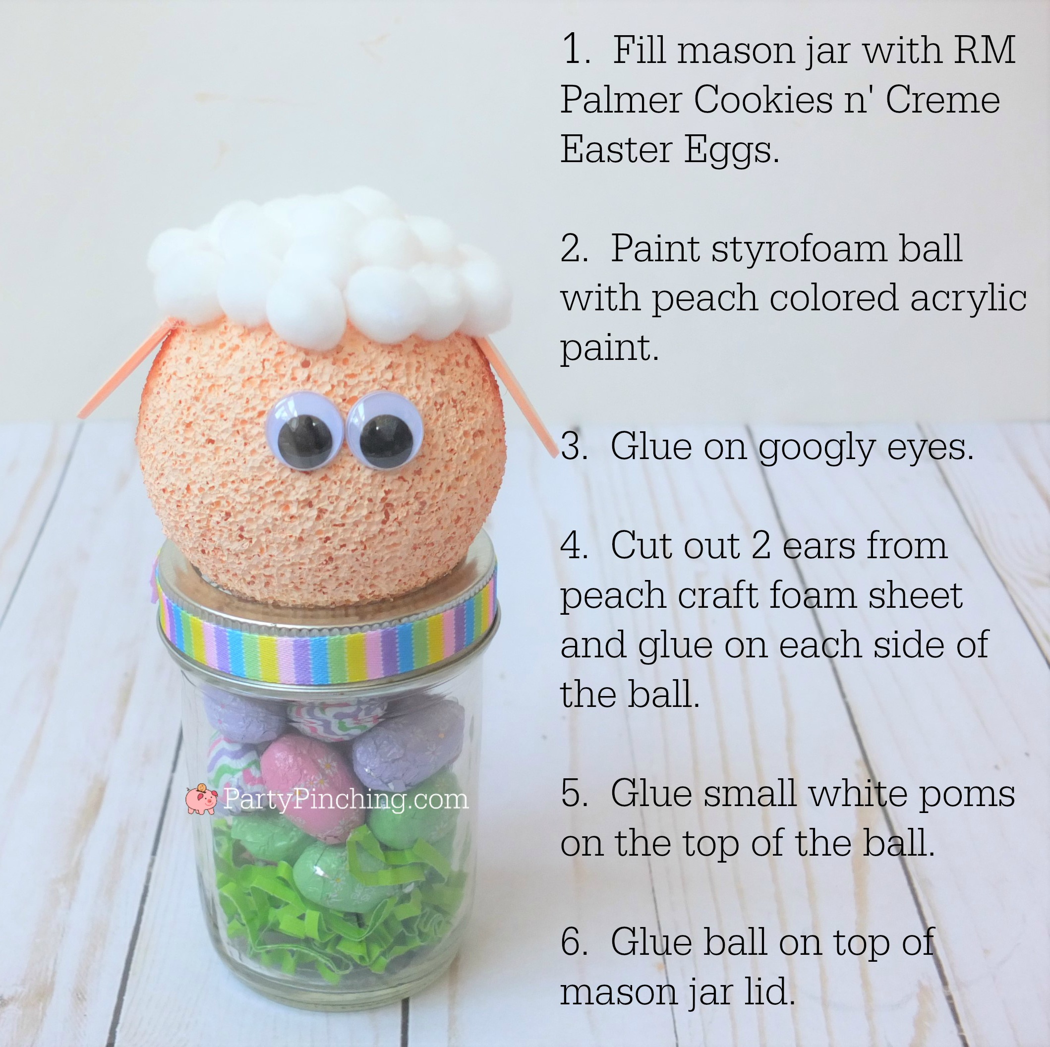 Lamb sheep Easter candy mason jar craft, Cute Easter jar craft animals bunny chick lamb, fun and easy Easter craft for kids, Easter candy favor, RM Palmer candy