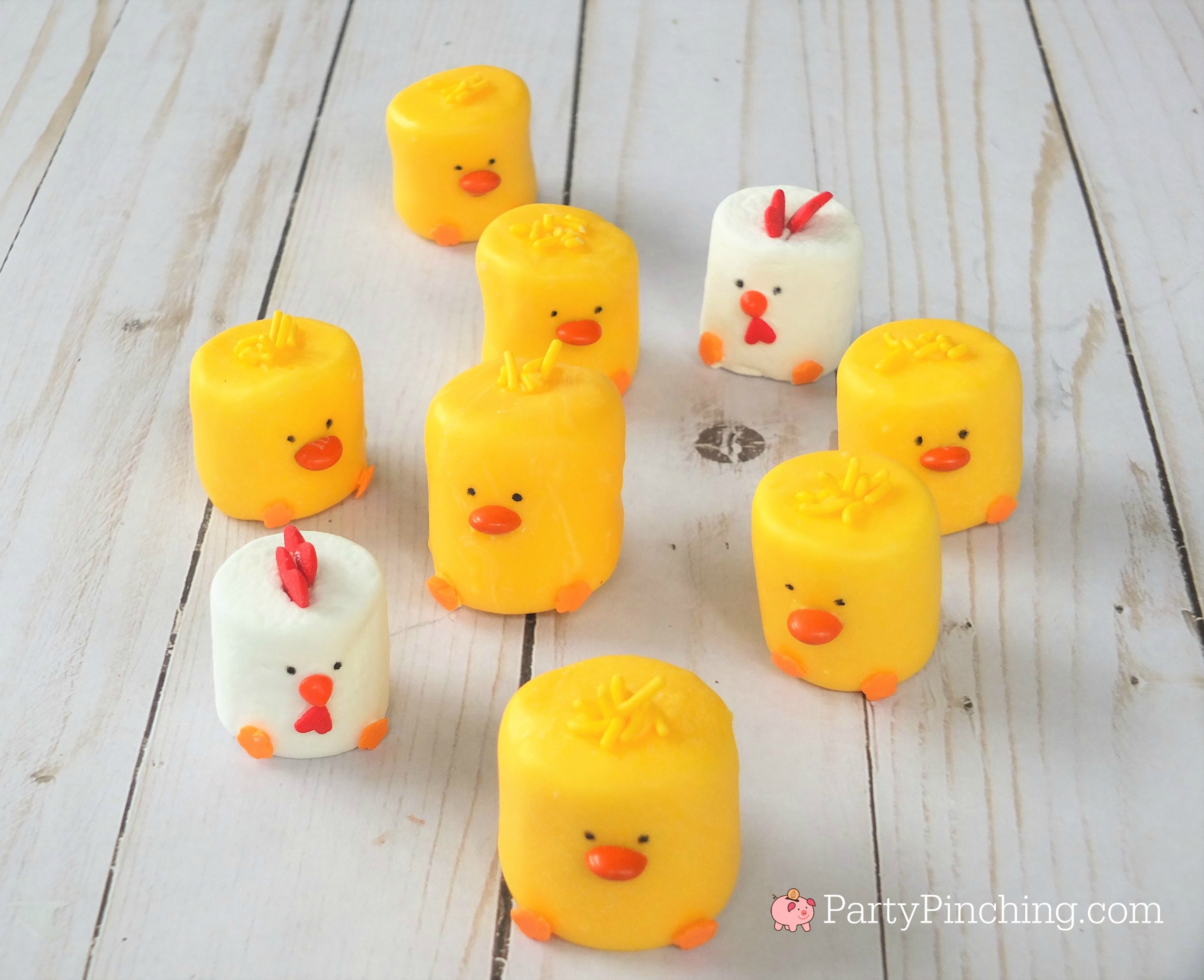 cute marshmallow chicks for Easter or spring, chick cupcake topper, chick on a stick, chick pops, cute and easy Easter dessert kids will love to make