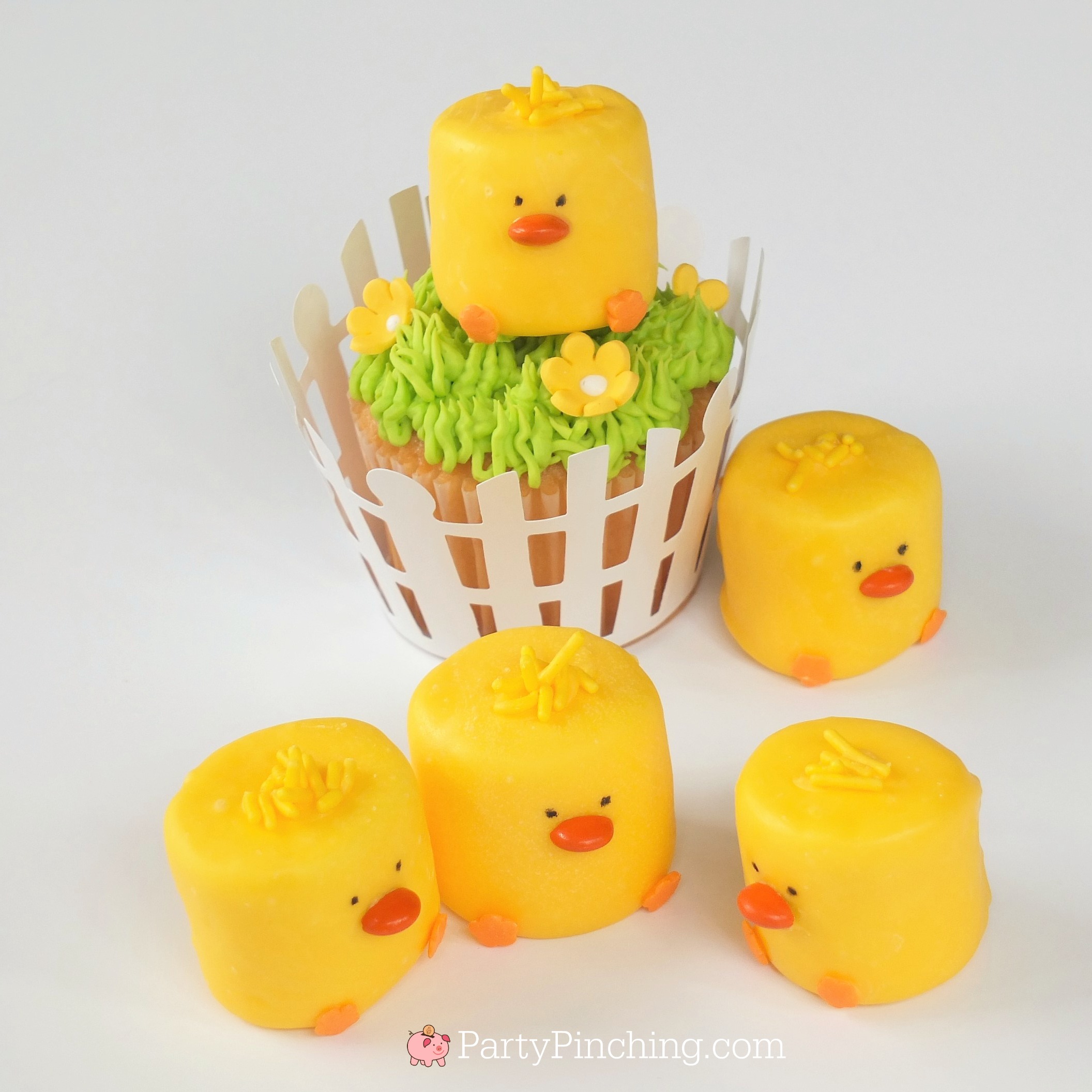 cute marshmallow chicks for Easter or spring, chick cupcake topper, chick on a stick, chick pops, cute and easy Easter dessert kids will love to make