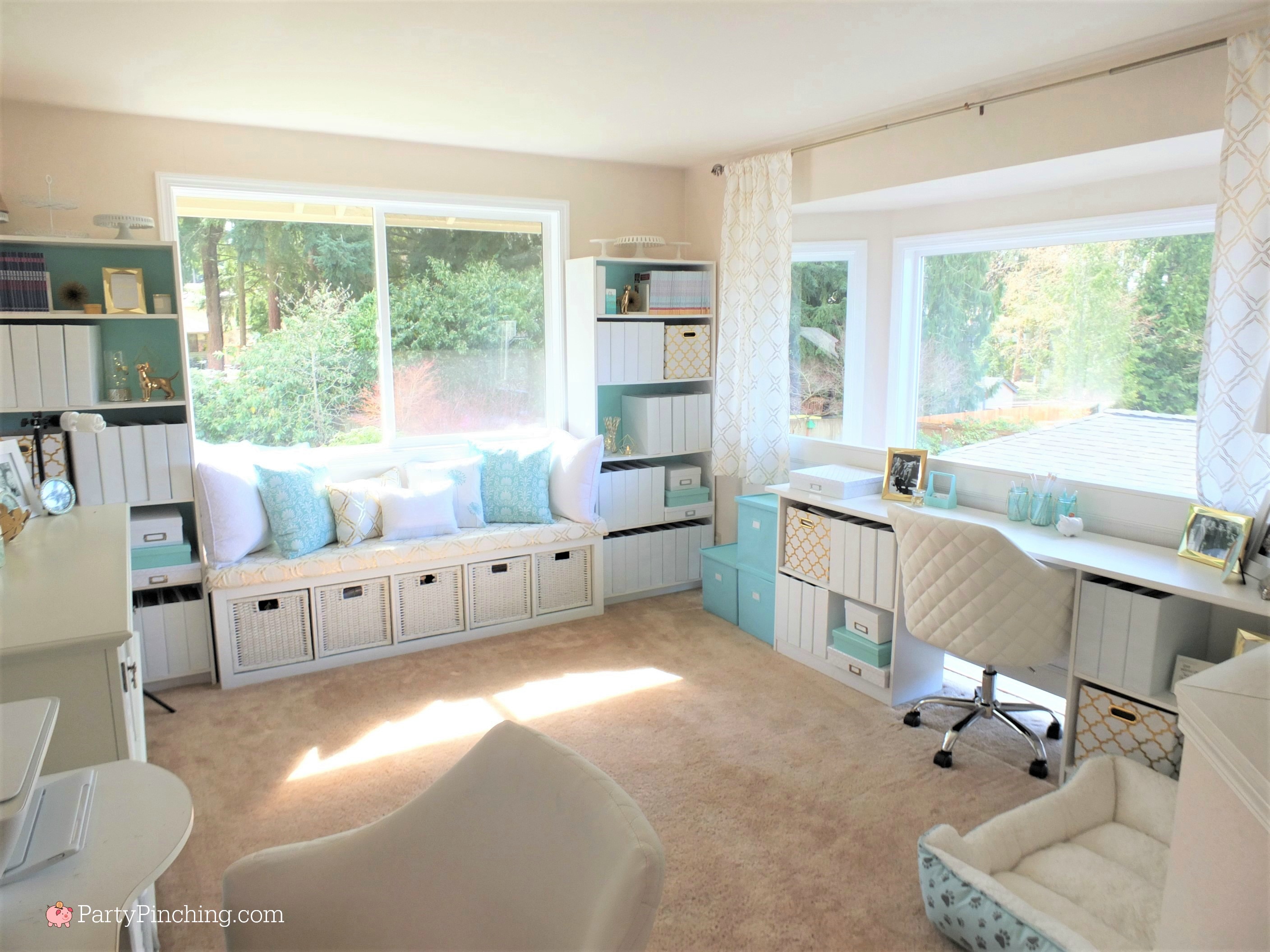 Tiffany blue home office, pretty home office makeover, home office remodel, budget friendly home office, Tiffany blue gold white office, pretty craft room remodel makeover, Tiffany blue home office makeover, Tiffany blue office interior design, pretty home office on a budget, beautiful home office, office with Tiffany blue gold and white accents, white office chair, feminine home office, home office with window seat, DIY easy window seat