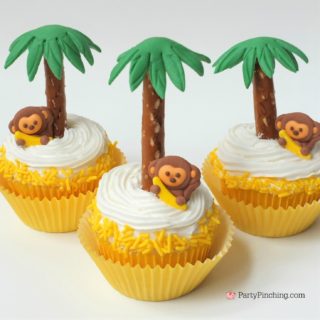 cute monkey cupcakes with palm tree pretzels