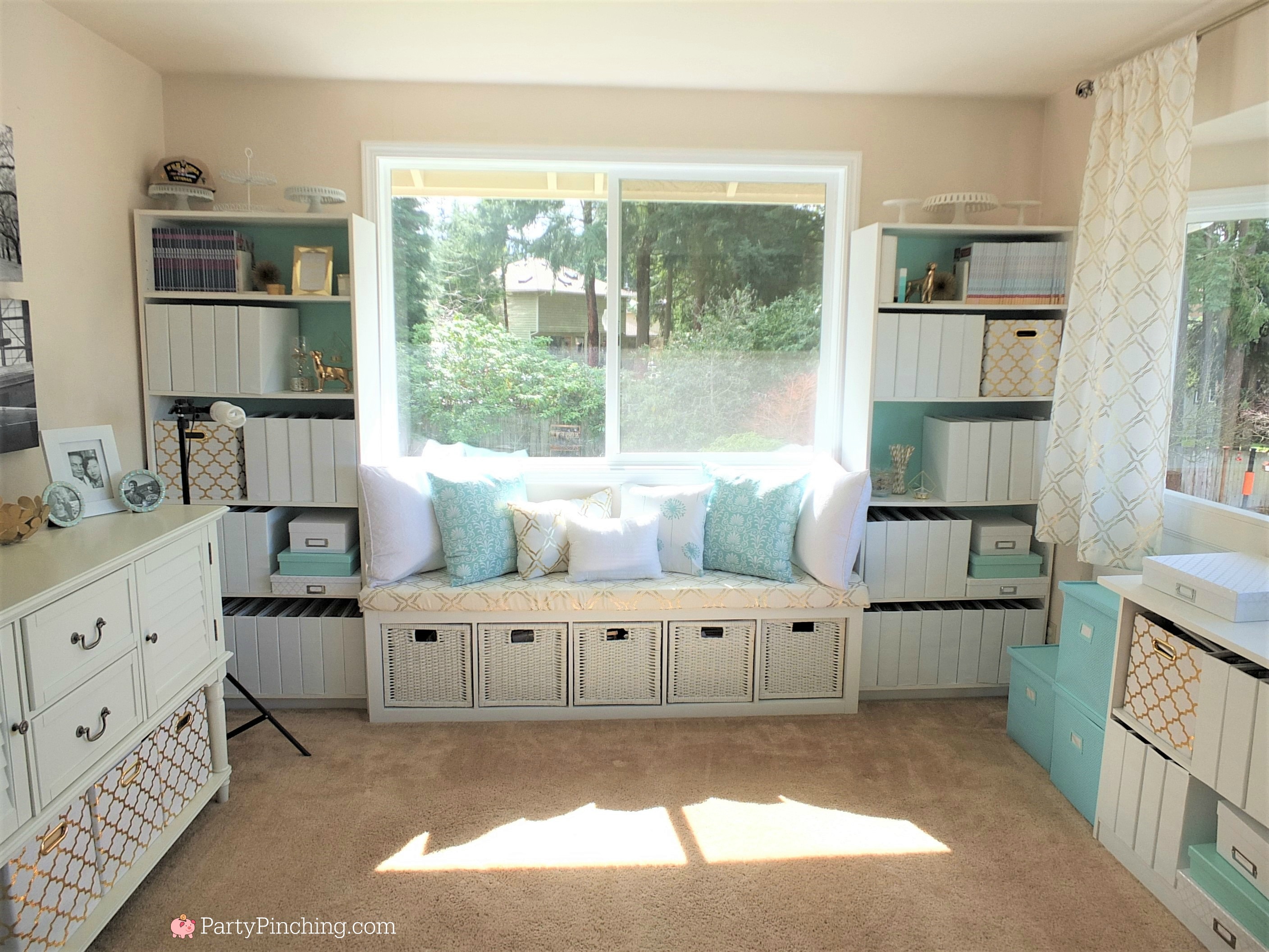 Tiffany blue home office makeover, Tiffany blue office interior design, pretty home office on a budget, beautiful home office, office with Tiffany blue gold and white accents, white office chair, feminine home office, home office with window seat, DIY easy window seat