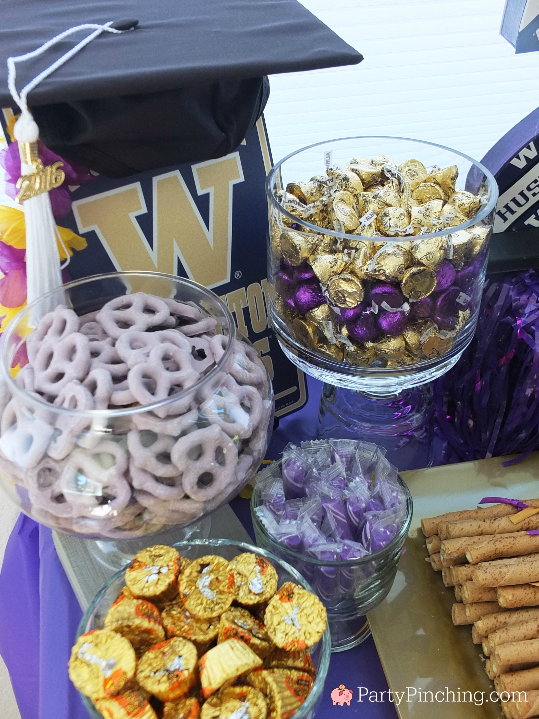 college graduation party, college graduation dessert table, college grad candy buffet, purple and gold candy buffet, University of Washington, UW Huskies, UDub