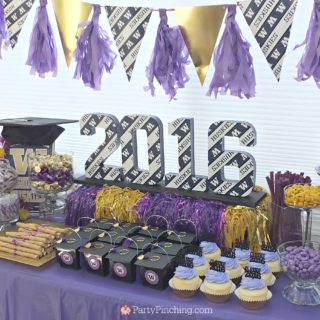 college graduation party, college graduation dessert table, college grad candy buffet, purple and gold candy buffet, University of Washington, UW Huskies, UDub