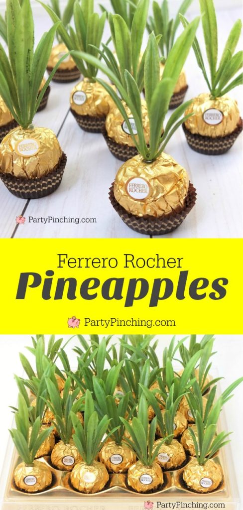 Ferrero Rocher pineapples, cute pineapple candy, pineapple party favor, Hawaiian beach pineapple luau theme party ideas, DIY pineapple candy favor
