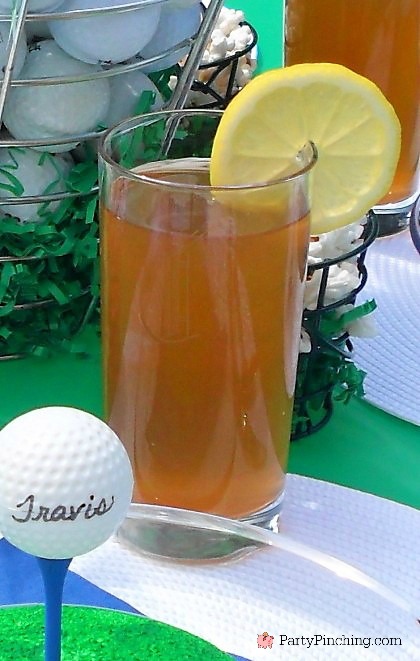 golf party ideas, golf theme dinner, golf PGA party, Father's Day golf party ideas, Father's day dinner, Arnold Palmer lemonade iced tea, mini golf buckets, cute golf cupcakes, golf cupcake toppers, golf donut, golf tee placecards, golf table setting