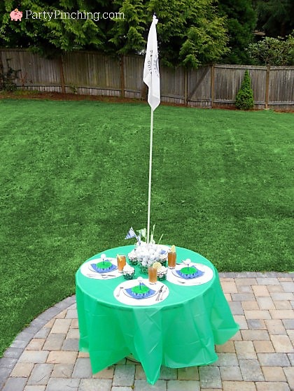 golf party ideas, golf theme dinner, golf PGA party, Father's Day golf party ideas, Father's day dinner, Arnold Palmer lemonade iced tea, mini golf buckets, cute golf cupcakes, golf cupcake toppers, golf donut, golf tee placecards, golf table setting