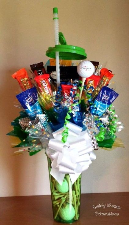 golf theme food, golf party ideas, Father's Day golf party ideas, golf candy present with golf balls and tees in a golf water bottle