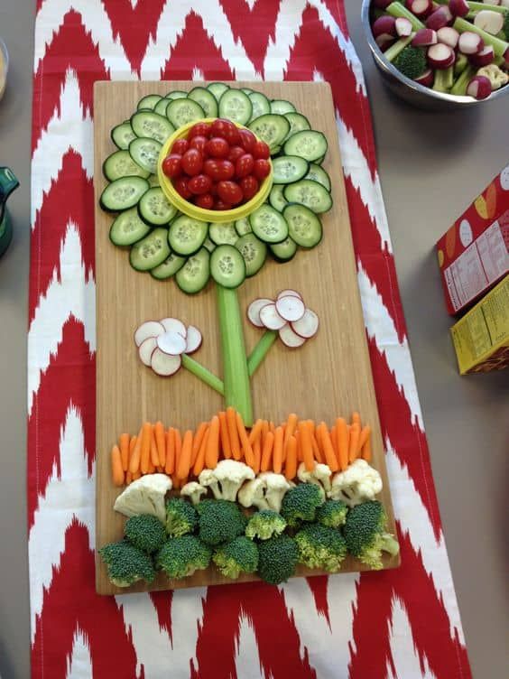 flower veggie vegetable tray, best fruit & veggie vegetable tray ideas, fun fruit and veggie ideas, fun food for kids, healthy snacks for kids parties, kid party food, fun holiday food, fruit & veggies for holidays parties celebrations special occasions