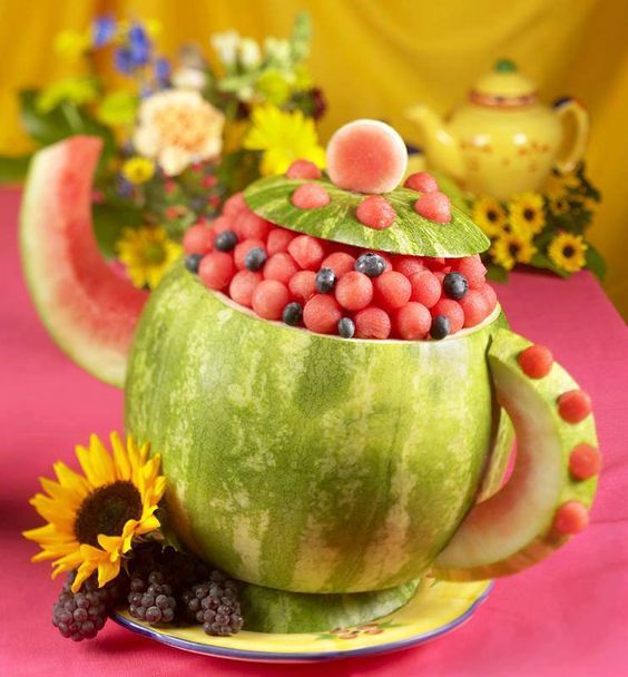 watermelon tea pot fruit tray, best fruit & veggie vegetable tray ideas, fun fruit and veggie ideas, fun food for kids, healthy snacks for kids parties, kid party food, fun holiday food, fruit & veggies for holidays parties celebrations special occasions