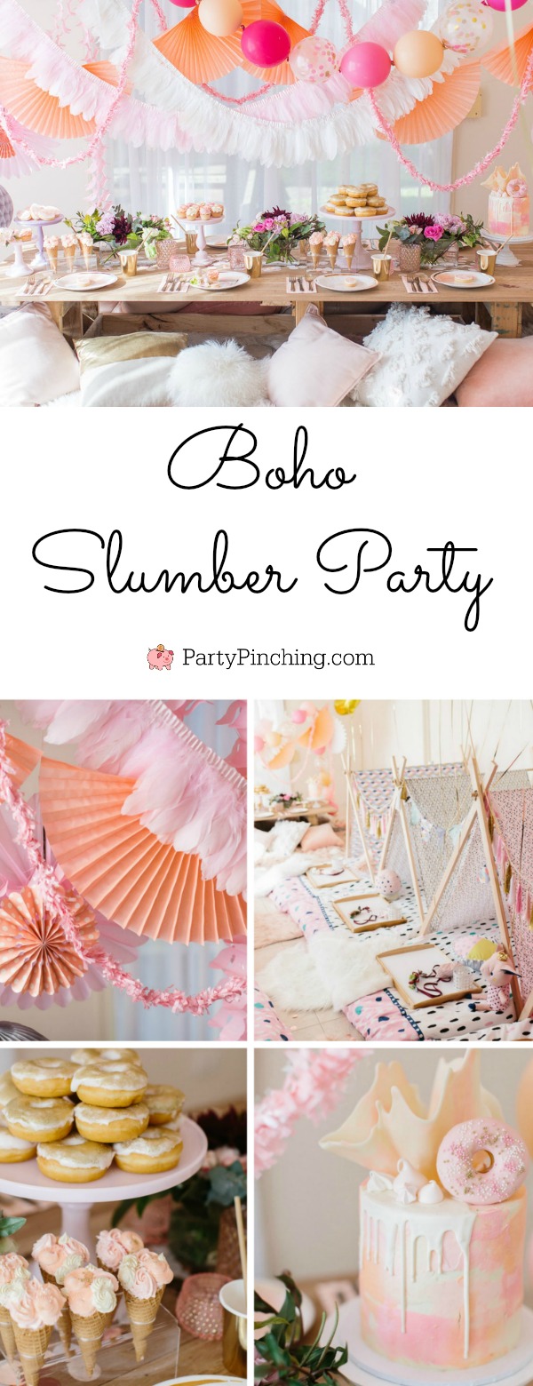 boho slumber party, peach pinch and white slumber party, pretty girl's party, glamping party, gorgeous slumber party, slumber party ideas, pink peach white party tassel feather garland, fabric teepee tent slumber party, sleepover ideas