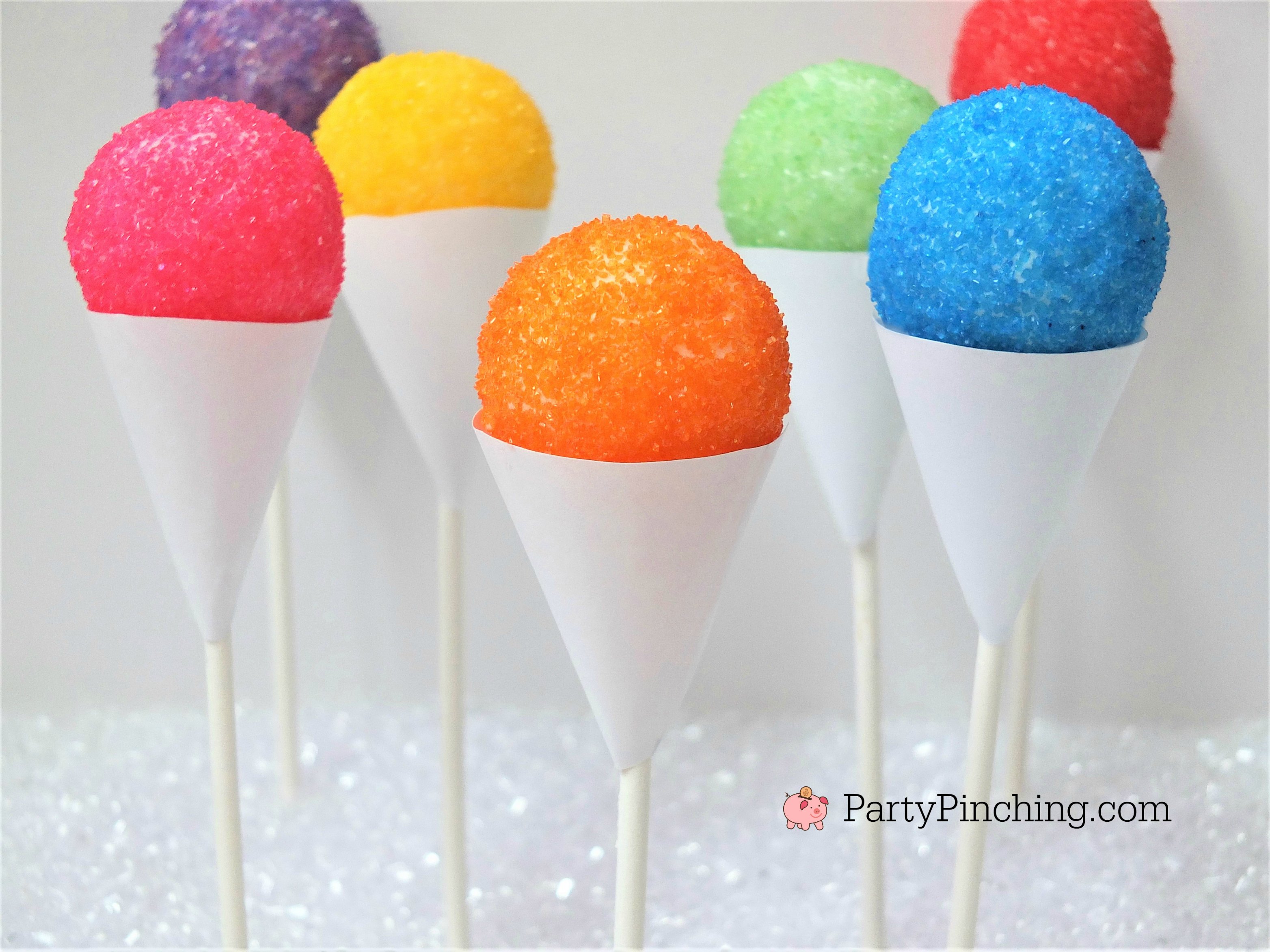 snow cone cake pops, cute summer desserts, sno cone fair cupcake cake pops, easy snow cone treat, summer kid friendly treat, summer theme party ideas, no bake cake pops, partypinching.com