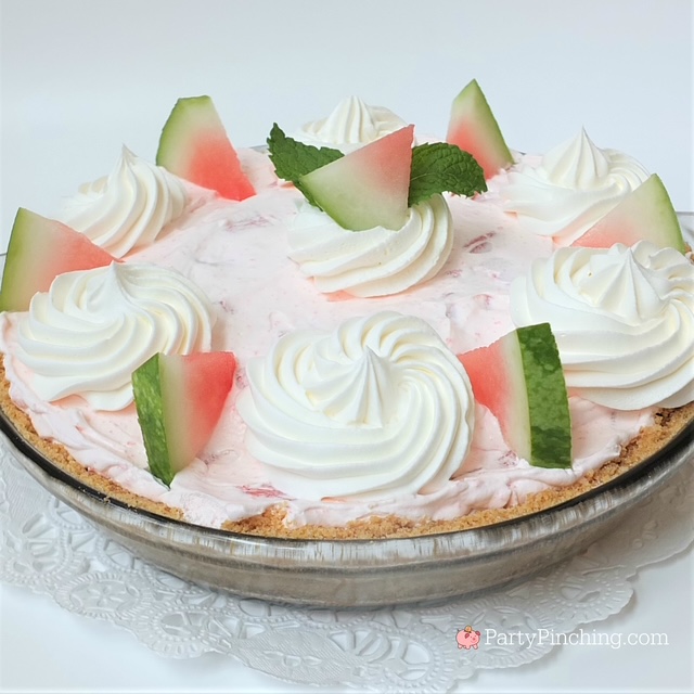 watermelon pie, easy creamy watermelon pie, fluffy watermelon pie for summer, jolly rancher jello watermelon pie, potluck picnic desserts for 4th of July, no-bake pie, summer dessert ideas