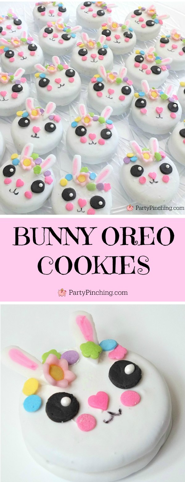 bunny oreos, bunny cookies, cute bunny cookies, bunny cake, bunny cake with flower crown, cute kawaii bunny cake, fun easy bunny cake for Easter, sweet treats for kids, adorable rabbit cake, bunny cake with floral buttercream fondant, oreo bunny cookies, candy coated easter bunny cookies flower crown