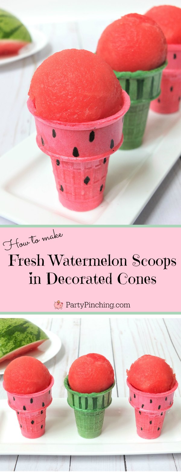 watermelon fruit scoops into ice cream cones, fun fruit snack healthy for kids, easy summertime snack for kids, watermelon ice cream scoops