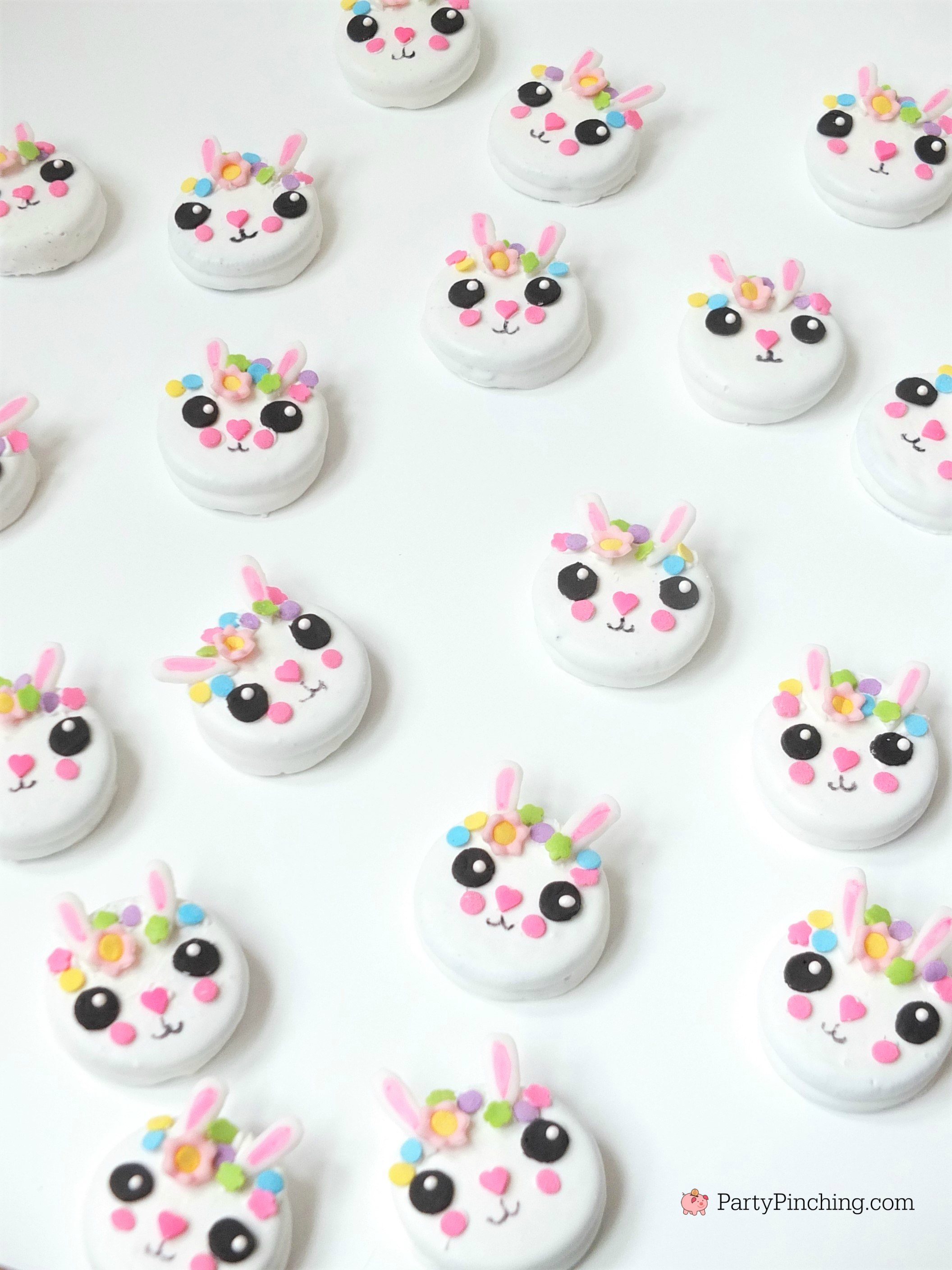 bunny oreo cookies, cute Easter bunny cookies with flower crown, fun easy to make bunny cookies, kawaii bunny animal oreos for kids