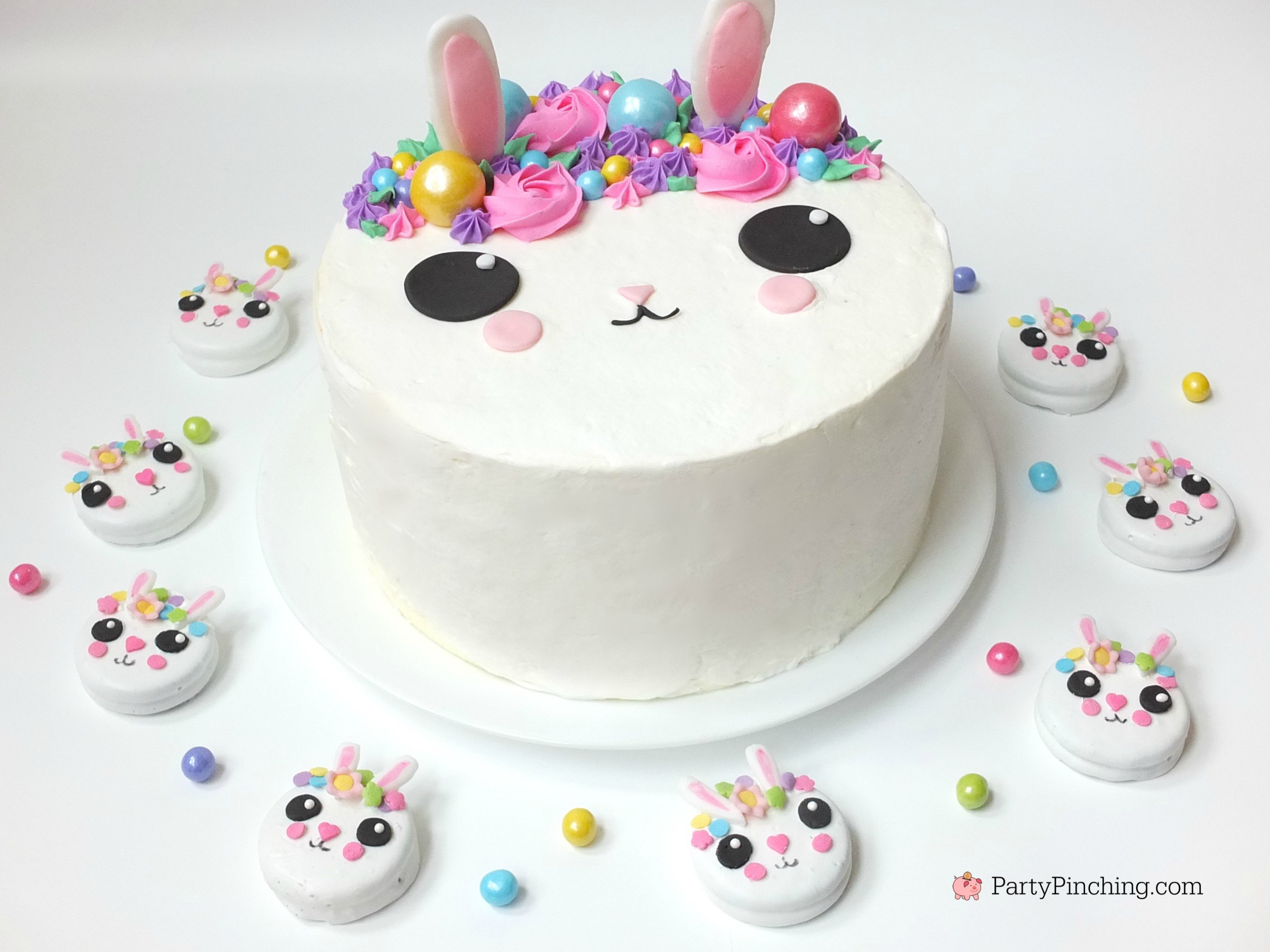 bunny cake, bunny cake with flower crown, cute kawaii bunny cake, fun easy bunny cake for Easter, sweet treats for kids, adorable rabbit cake, bunny cake with floral buttercream fondant, oreo bunny cookies, candy coated easter bunny cookies flower crown