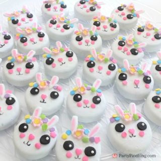 bunny oreo cookies, cute Easter bunny cookies with flower crown, fun easy to make bunny cookies, kawaii bunny animal oreos for kids