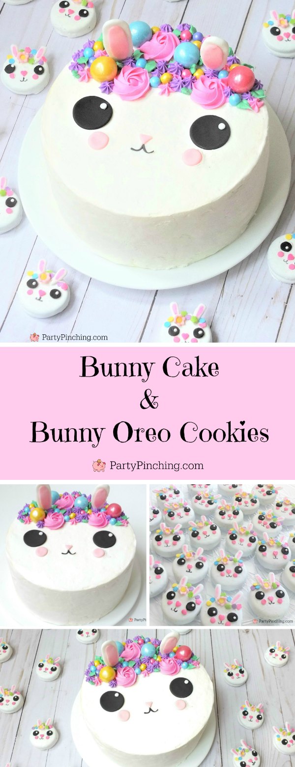 bunny cake, bunny cake with flower crown, cute kawaii bunny cake, fun easy bunny cake for Easter, sweet treats for kids, adorable rabbit cake, bunny cake with floral buttercream fondant, oreo bunny cookies, candy coated easter bunny cookies flower crown