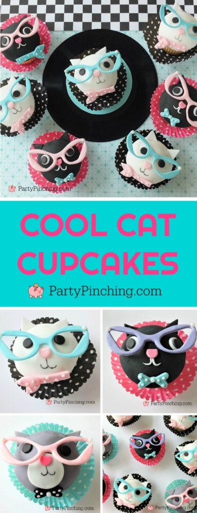 cool cat cupcakes, cat eye glasses cupcakes, fifties 50's theme party cupcake ideas, cute kitty cupcakes, sock hop soda shop cupcakes, record cupcakes, fun food for kids, cat lady cupcakes