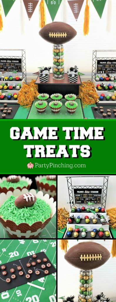 Game time treats, football dessert ideas, football centerpiece, football dessert table, football chocolate, football cupcakes, snack stadium, food football dessert stadium, fan choclolate stadium, football game play chalk peanut butter cups, referee chocolate treats, chocolate football centerpiece, life size chocolate football, party pinching, rm palmer candy