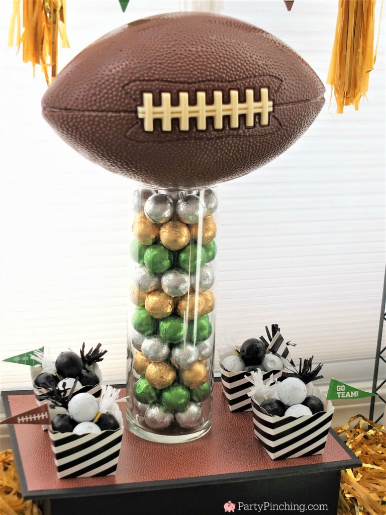 Game time treats, football dessert ideas, football centerpiece, football dessert table, football chocolate, football cupcakes, snack stadium, food football dessert stadium, fan choclolate stadium, football game play chalk peanut butter cups, referee chocolate treats, chocolate football centerpiece, life size chocolate football, party pinching, rm palmer candy