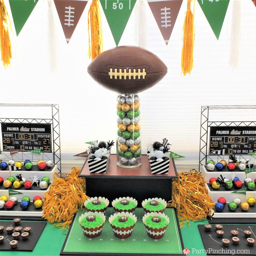 Game time treats, football dessert ideas, football centerpiece, football dessert table, football chocolate, football cupcakes, snack stadium, food football dessert stadium, fan choclolate stadium, football game play chalk peanut butter cups, referee chocolate treats, chocolate football centerpiece, life size chocolate football, party pinching, rm palmer candy