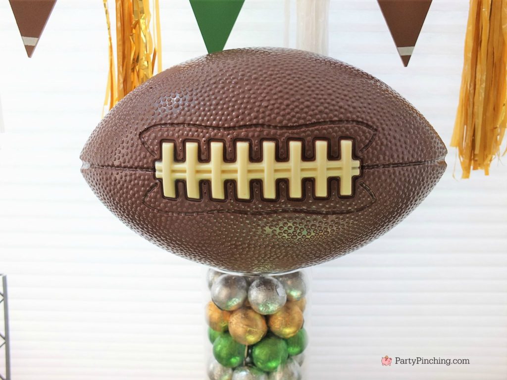 Game time treats, football dessert ideas, football centerpiece, football dessert table, football chocolate, football cupcakes, snack stadium, food football dessert stadium, fan choclolate stadium, football game play chalk peanut butter cups, referee chocolate treats, chocolate football centerpiece, life size chocolate football, party pinching, rm palmer candy