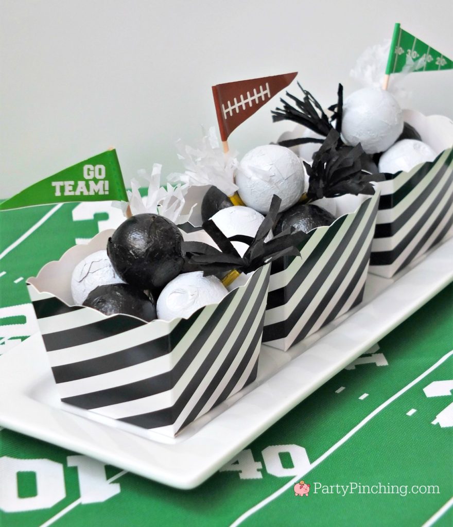 Game time treats, football dessert ideas, football centerpiece, football dessert table, football chocolate, football cupcakes, snack stadium, food football dessert stadium, fan choclolate stadium, football game play chalk peanut butter cups, referee chocolate treats, chocolate football centerpiece, life size chocolate football, party pinching, rm palmer candy