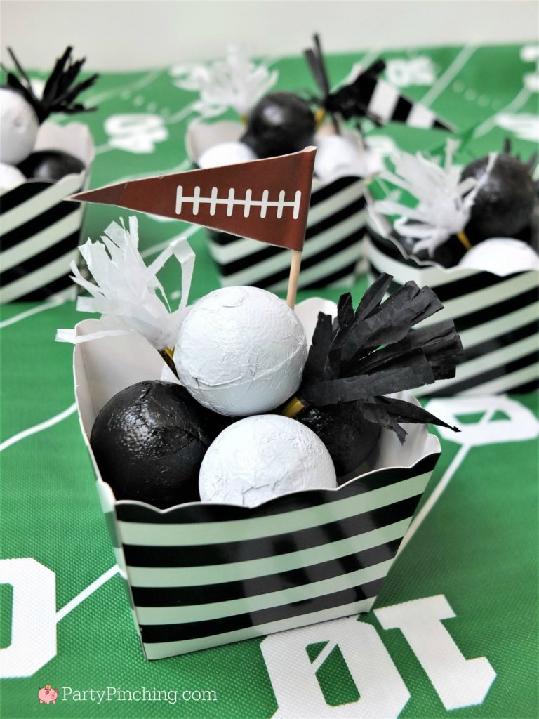 Game time treats, football dessert ideas, football centerpiece, football dessert table, football chocolate, football cupcakes, snack stadium, food football dessert stadium, fan choclolate stadium, football game play chalk peanut butter cups, referee chocolate treats, chocolate football centerpiece, life size chocolate football, party pinching, rm palmer candy