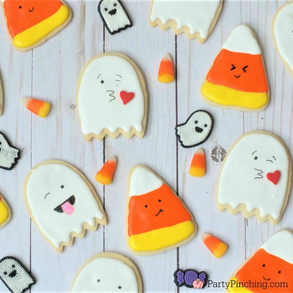 too cute to spook cookies, halloween cookies for kids, cute halloween cookies, ghost candy corn cookies, halloween party ideas