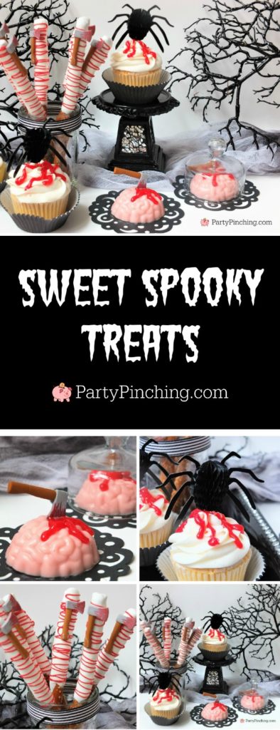 Spooky Halloween treats, creepy gross bloody dessert treats, hatchet pretzels with blood icing, spider blood cupcakes, bloody brain Oreos with candy hatchet axe