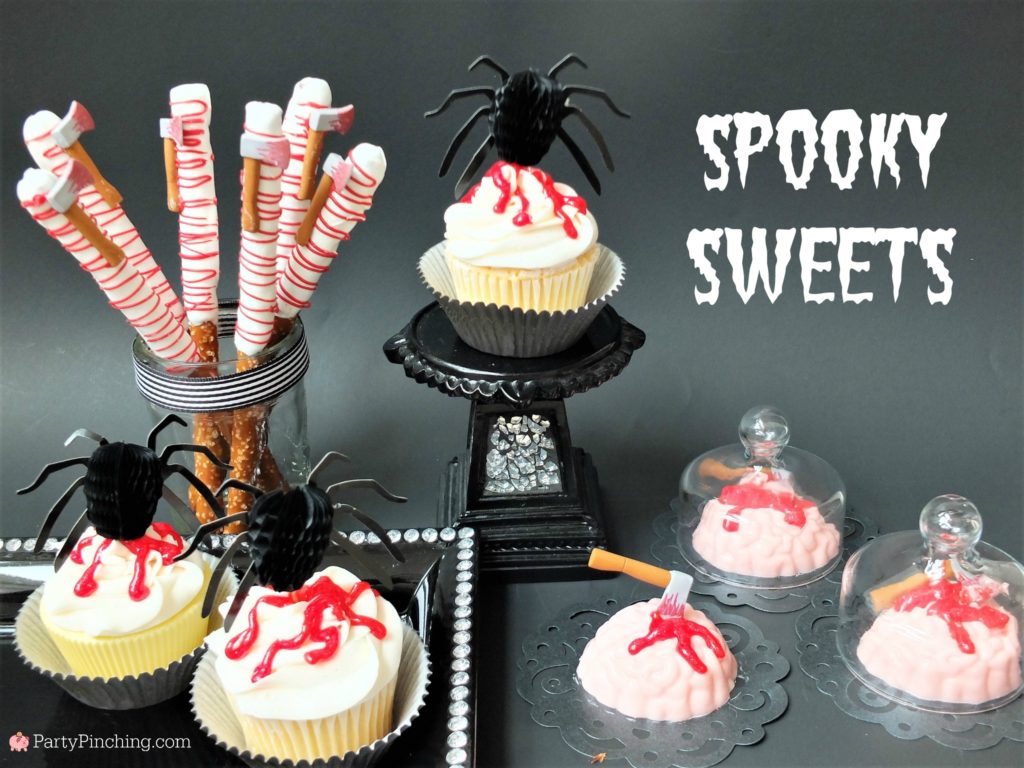 Spooky Halloween treats, creepy gross bloody dessert treats, hatchet pretzels with blood icing, spider blood cupcakes, bloody brain Oreos with candy hatchet axe