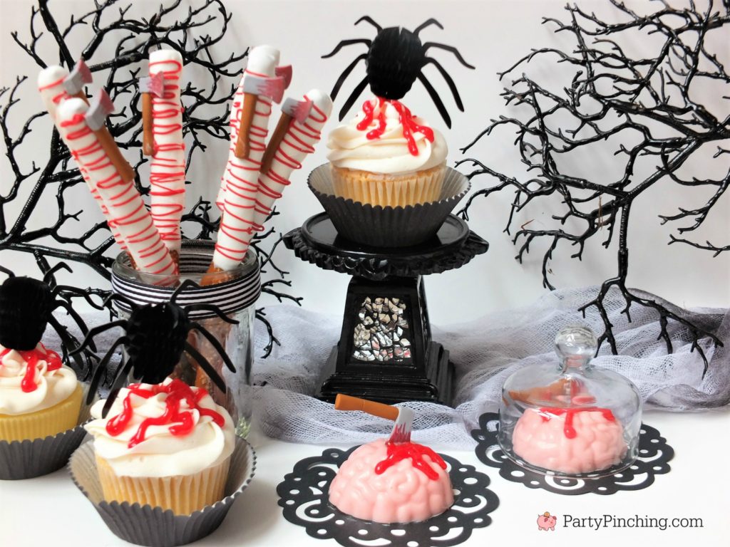Spooky Halloween treats, creepy gross bloody dessert treats, hatchet pretzels with blood icing, spider blood cupcakes, bloody brain Oreos with candy hatchet axe
