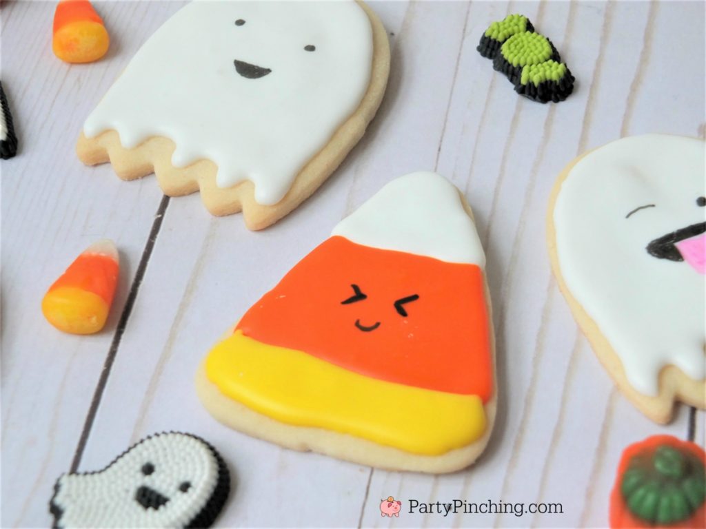 too cute to spook cookies, halloween cookies for kids, cute halloween cookies, ghost candy corn cookies, halloween party ideas