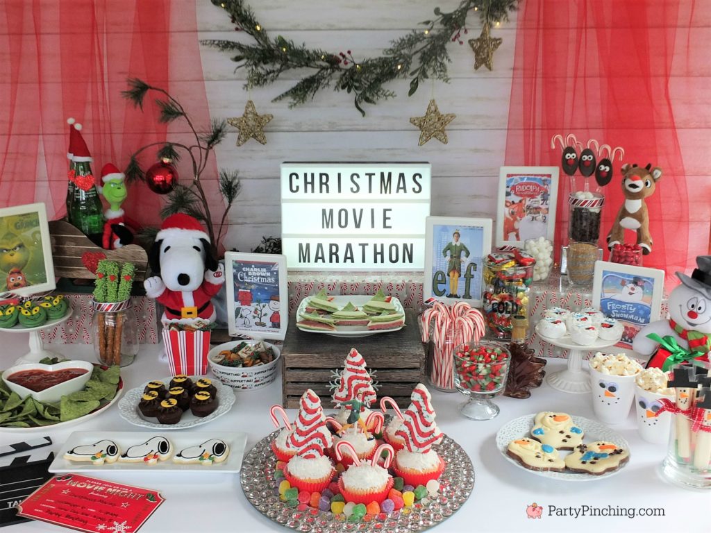 Christmas movie marathon, Christmas movie night party ideas, Rudolph treats, Bumble Abominable snowman donuts, Charlie Brown Christmas movie party, Charlie Brownies, Snoopy snack mix, Frosty popcosrn, Frosty cheese snacks, Grinch party ideas, Buddy the Elf food, Elf beef and cheese, Elf Candy Cane Forest