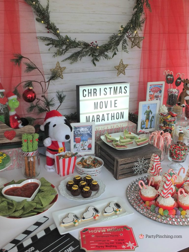 Christmas movie marathon, Christmas movie night party ideas, Rudolph treats, Bumble Abominable snowman donuts, Charlie Brown Christmas movie party, Charlie Brownies, Snoopy snack mix, Frosty popcosrn, Frosty cheese snacks, Grinch party ideas, Buddy the Elf food, Elf beef and cheese, Elf Candy Cane Forest