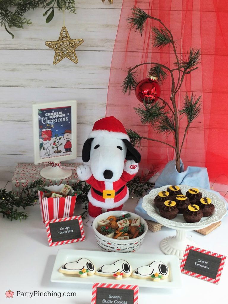 Charlie Brown Christmas movie food snack treats desserts, Christmas movie night Marathon, Snoopy Chex Mix Snack, White Kit Kat Charlie Brown Trees, Mini Charlie Brown Tree branches pretzel sticks, fun Christmas food ideas for kids, sweet treats, party pinching