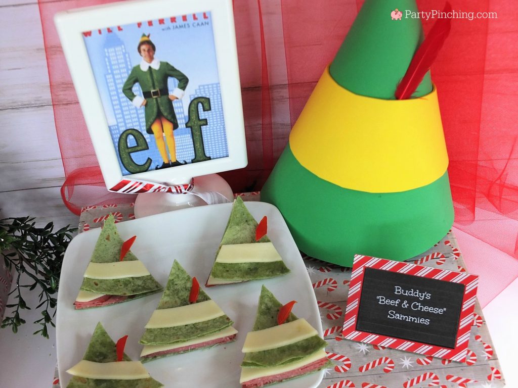 Elf movie buddy the elf beef and cheese sandwiches, buddy elf hat snacks, Elf movie food, you smell like beef and cheese elf snack sandwich, Christmas movie night food snack treats, fun food for kids, sweet treats, partypinching.com, Will Ferrell Elf movie treat snacks food