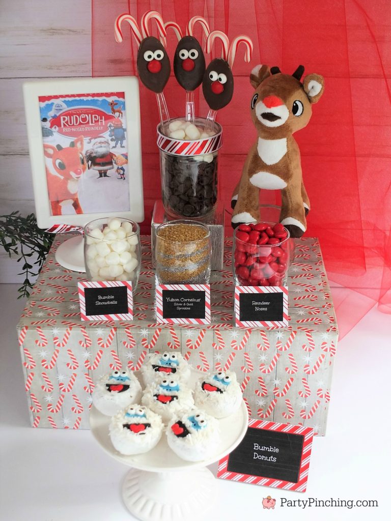 Christmas movie marathon, Christmas movie night party ideas, Rudolph treats, Bumble Abominable snowman donuts, Charlie Brown Christmas movie party, Charlie Brownies, Snoopy snack mix, Frosty popcosrn, Frosty cheese snacks, Grinch party ideas, Buddy the Elf food, Elf beef and cheese, Elf Candy Cane Forest